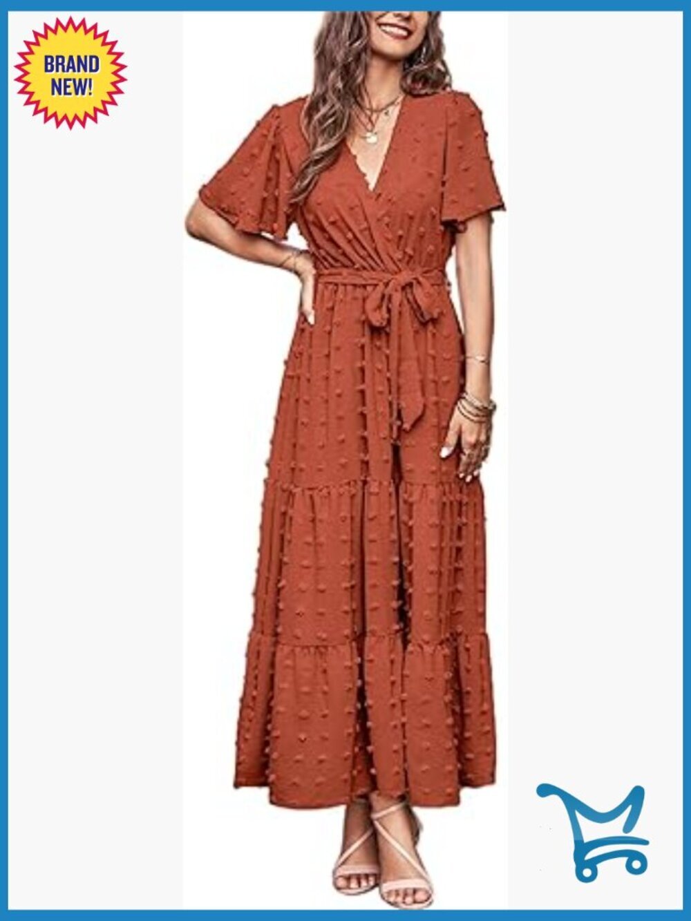 Women's Swiss Dot Maxi Dress Wrap V-Neck Flutter Sleeve Boho Flowy
